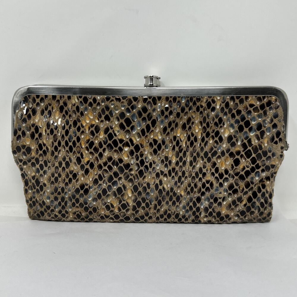 HOBO International Lauren Clutch Wallet Brown Snakeskin Print Leather Kisslock